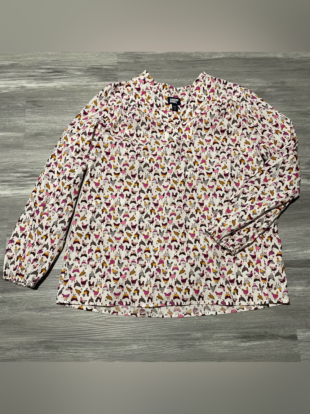 Lands' End Chicken Print Blouse Size L Long Sleeve Farm Animal Top Cottagecore